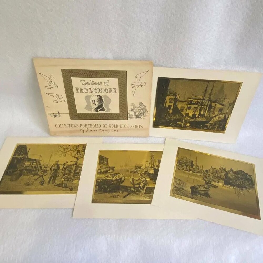 Lionel Barrymore 4 Etching Prints with Folio Gold Foil 8 x 10